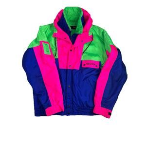 Vtg 80s Neon NEVICA Survival Shell Whistle Hood Coat Ski Jacket Retro Size 40